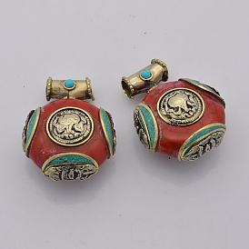 Handmade Tibetan Style Flat Round  Pendants, Brass Findings and Synthetic Coral, 37x28x18mm, Hole: 5mm