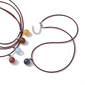 Natural & Synthetic Mixed Gemstone Round Pendant Necklaces, with Cowhide
 Ropes