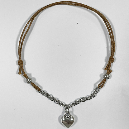 Adjustable Alloy Heart Charm Bracelets, with Waxed Cotton Cord and 304 Stainless Steel Cable Chains, Antique Silver & Stainless Steel Color