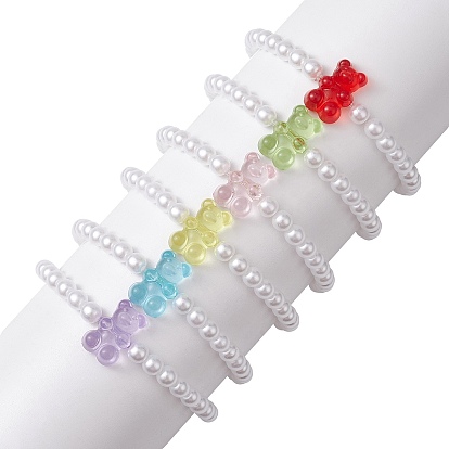 6шт 6 цветной акриловый набор эластичных браслетов с медвежонком и искусственным жемчугом для детей, штабелируемые браслеты
