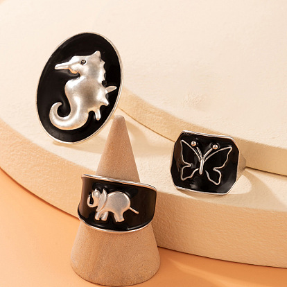 Black Oil Drop Seahorse Elephant Ring Set with Rose Butterfly Design - 4 Pieces