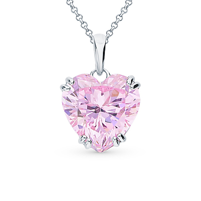 Heart Cubic Zirconia Pendant Necklaces, with Rhodium Plated 925 Sterling Silver Rolo Chain