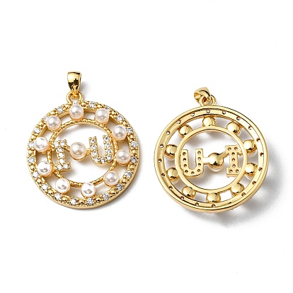 Plastic Imitation Pearl Pendants, with Rack Plating Brass Micro Pave Cubic Zirconia Findings, Cadmium Free & Lead Free, Long-Lasting Plated, Flat Round