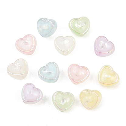 UV Plating Transparent Acrylic Beads, Iridescent, Heart, with Glitter Powder