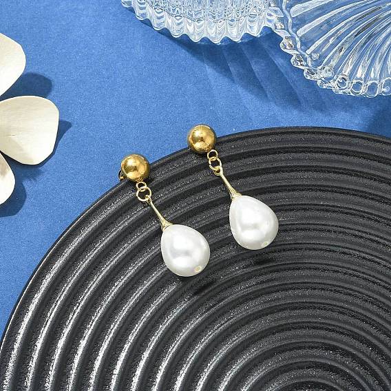 Серьги-гвоздики с жемчужными бусинами-ракушками, слеза, с застежкой из нержавеющей стали и латуни.