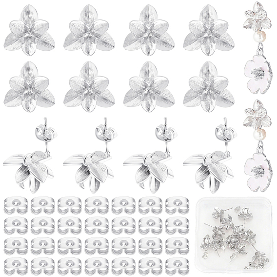 14Pcs Brass Stud Earring Findings, Flower, with Loop, Nickel Free, with 14Pcs Rack Plating Brass Friction Ear Nuts
