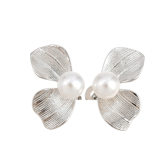 Boucles d'oreilles à tige en laiton avec feuille, avec abs en plastique imitation perle, sans cadmium et sans plomb, crémaillère plaquage, plaqué longue durée