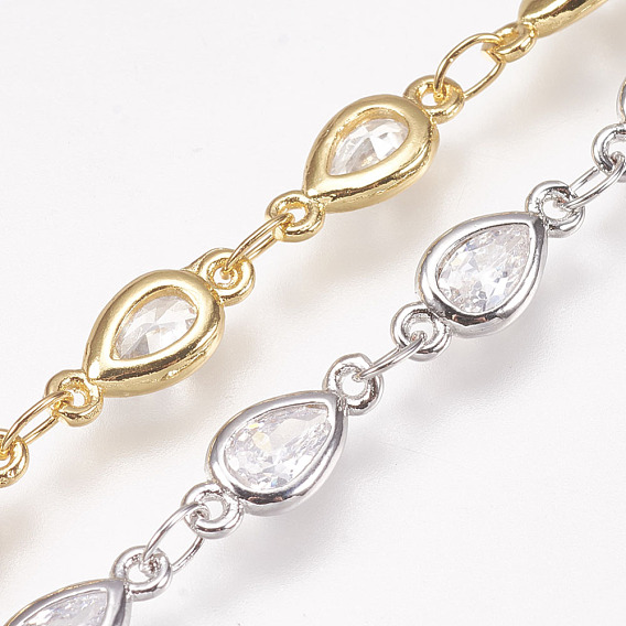 Cubic Zirconia Handmade Beaded Chains, Soldered, with Brass Findings, Drop