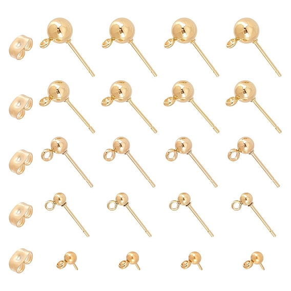 30Pcs 5 Styles 304 Stainless Steel Ball Post Stud Earring Findings, with Loop and 316 Surgical Stainless Steel Pin, with Ear Nuts, Earring Backs