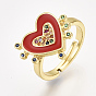 Adjustable Brass Micro Pave Cubic Zirconia Finger Rings, with Enamel, Heart