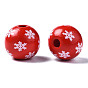 Perles européennes en bois naturel peint, Perles avec un grand trou   , imprimé, Noël, rond avec flocon de neige