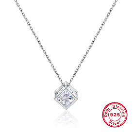 Rhodium Plated 925 Sterling Silver Cube Pendant Necklaces with Cubic Zirconia