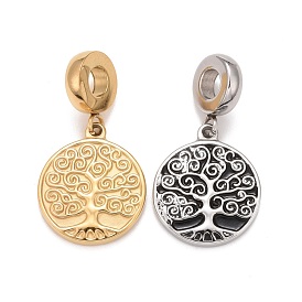 304 Stainless Steel European Dangle Charms, Large Hole Pendants, Flat Round with Tree
