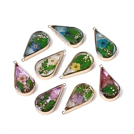 Эпоксидная смола подвески, Подвески в форме капли и из засушенных цветов, с пайетками, блестками, отделкой и петлей из латуни с легким золотым покрытием.