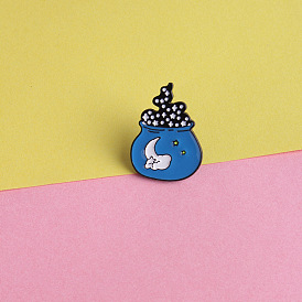 Cartoon Badge with Blue Jar Filled with Mysterious Black Substance - Fashionable Clothing Accessory