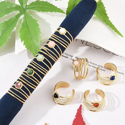 304 многослойные открытые манжеты из нержавеющей стали, круглое кольцо с натуральным драгоценным камнем для женщин, реальный 18 k позолоченный, ионное покрытие (ip)