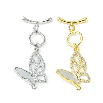 Rack Plating Brass Micro Pave Cubic Zirconia Toggle Clasps, with Shell, Long-Lasting Plated, Lead Free & Cadmium Free, Butterfly