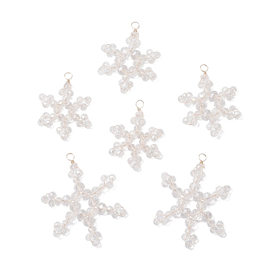 6шт 3 стили стеклянные снежинки подвески, с экологически чистой медной проволокой, граненые