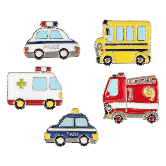 5Pcs 5 Style Alloy Enamel Brooches, Enamel Pins, with Brass Butterfly Clutches, Cadmium Free & Nickel Free & Lead Free, Platinum, Police Car & Fire Car & Ambulance & School Bus & Taxi