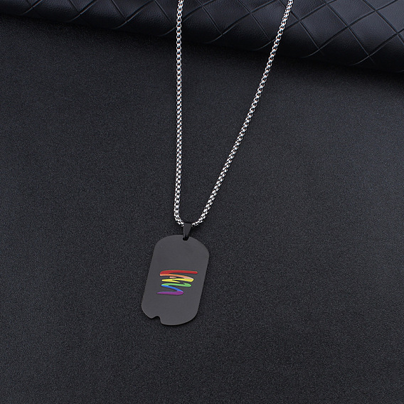 304 Stainless Steel Rainbow Pride Rectangle Dog Tag Pendant Necklaces for Men