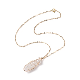 Natural Quartz Crystal Copper Wire Wrapped Pendant Necklaces, Rock Crystal Pendant Cable Chain Necklaces for Women