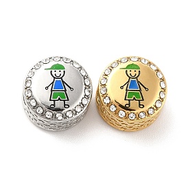 304 Stainless Steel European Beads, with Enamel & Rhinestone, Large Hole Beads, Flat Round with Human