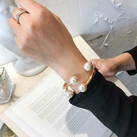 Fashionable Alloy Jewelry Double-layer Pearl Bracelet - Asymmetric, Half-open Bangle.