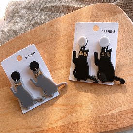 Creative cat earrings acrylic black gray lucky cat cute girly earrings s925 silver needle cartoon earrings