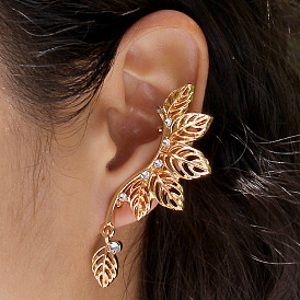 Fashionable Leaf-shaped Ear Stud Earrings with Diamond Decoration - European and American Style