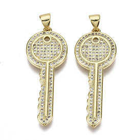 Brass Micro Pave Clear Cubic Zirconia Pendants, with Brass Snap on Bails, Nickel Free, Key