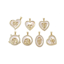 Brass Micro Pave Clear Cubic Zirconia Pendants, with Shell Charms, Mother's Day Collection, Real 18K Gold Plated