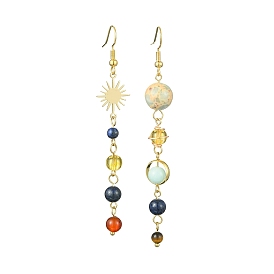 Boucles d'oreilles pendantes sur le thème des chakras, perles de pierres précieuses naturelles et synthétiques mélangées, boucles d'oreilles asymétriques en alliage soleil et planète