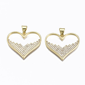 Brass Micro Pave Clear Cubic Zirconia Pendants, Nickel free, Heart