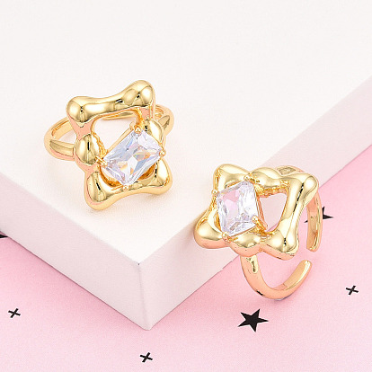 Латунные кольца-манжеты с микропаве и прозрачным цирконием для женщин, без кадмия и без свинца, прямоугольные