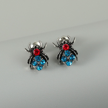 Halloween Spider Earrings with Colorful Rhinestones - Vintage Spider Ear Studs, Christmas Jewelry.