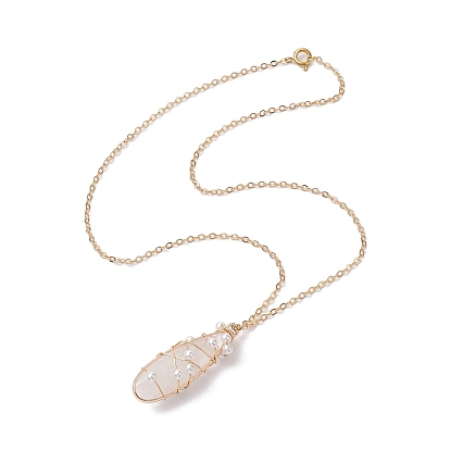 Natural Quartz Crystal Copper Wire Wrapped Pendant Necklaces, Rock Crystal Pendant Cable Chain Necklaces for Women