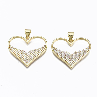 Brass Micro Pave Clear Cubic Zirconia Pendants, Nickel free, Heart
