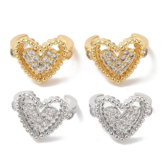 Hollow Heart Brass Micro Pave Cubic Zirconia Cuff Earrings for Women