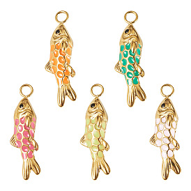 5Pcs 5 Colors 304 Stainless Steel Enamel Pendants, Fish Charms, Ion Plating(IP), Real 14K Gold Plated