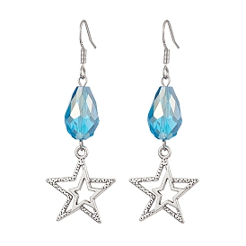 Alloy Star Dangle Earrings, Brass Glass Teardrop Earrings for Women