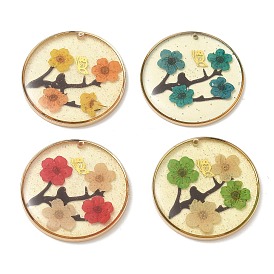 Plating Brass & Transparent Epoxy Resin & Dried Flower Pendants, Flat Round with Flower & Butterfly Pattern Charm, with Glitter Powder