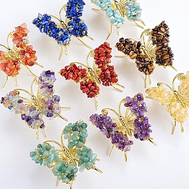 Raw Gemstone Chip Mineral Specimen Display Decorations, with Butterfly Metal Holder, for Home Desktop Feng Shui Ornament