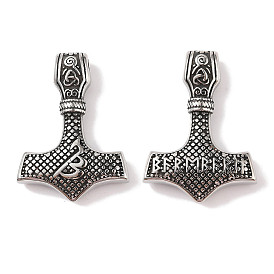 Retro 304 Stainless Steel Pendants, Polishing, Thor's Hammer with Runes Charm