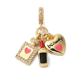 Rack Plating Brass Micro Pave Clear Cubic Zirconia Enamel European Dangle Charms, Heart & Perfume Bottle & Lipstick Large Hole Pendants, Cadmium Free & Lead Free, Long-Lasting Plated