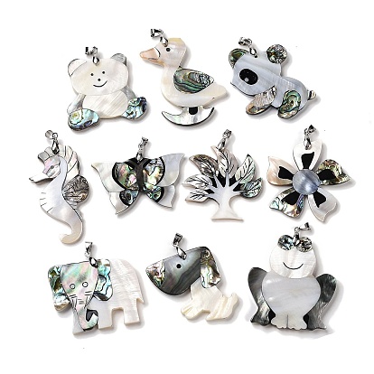 Подвески из натуральной ракушки пауа в виде животного/цветка/дерева/бабочки, черной ракушки для губ и белой ракушки, Подвески с животными/насекомыми, цвет нержавеющей стали, защелкивающиеся дужки из нержавеющей стали