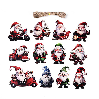 24 шт. рождественские подвесные украшения из дерева с односторонним УФ-отпечатком, Дед Мороз, подвесные украшения из джутовой веревки, вырезанные лазером деревянные формы