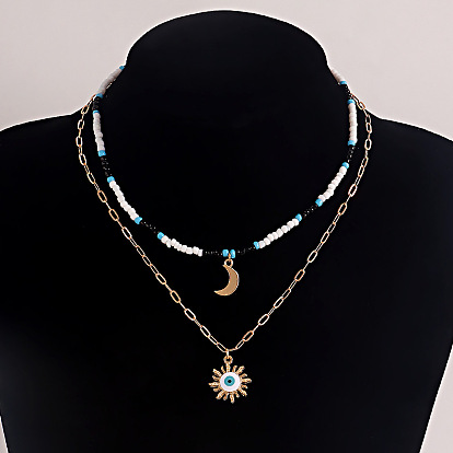 Bohemian Mixed Color Beaded Crescent Evil Eye Pendant Necklace for Women