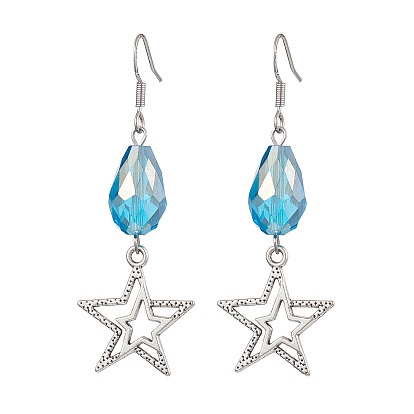 Alloy Star Dangle Earrings, Brass Glass Teardrop Earrings for Women