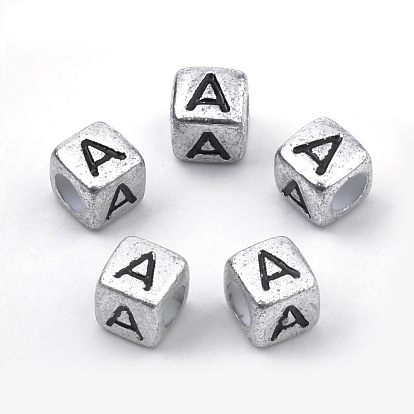 Plated Acrylic Beads, Horizontal Hole, Cube with Letter, Antique Silver