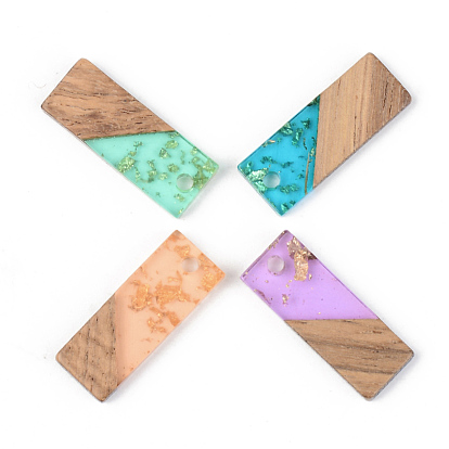 Transparent Resin & Walnut Wood Pendants, with Gold Foil, Rectangle,